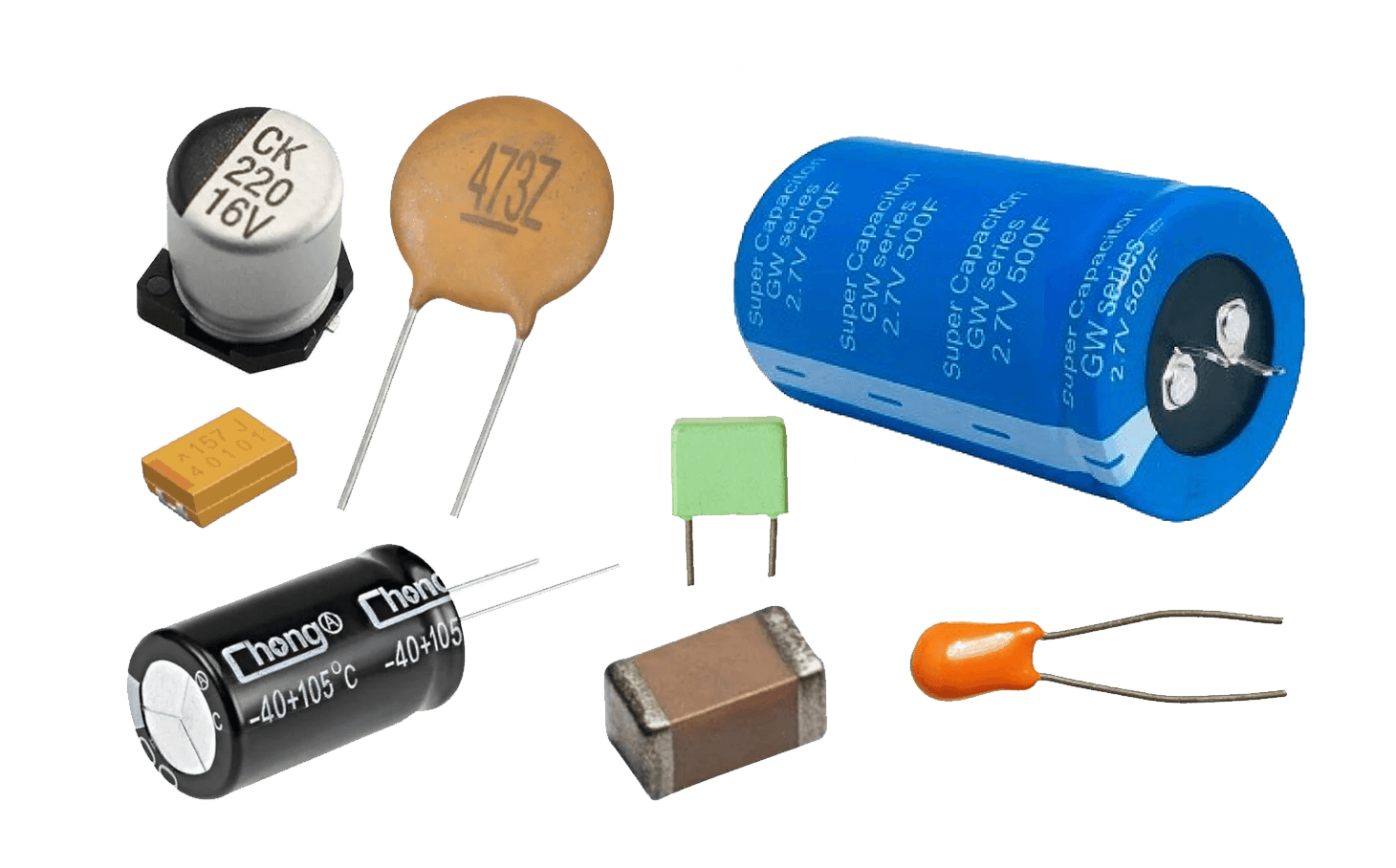 image of different types of capacitors, such as ceramic capacitor, bipolar capacitor, and super capacitor.
